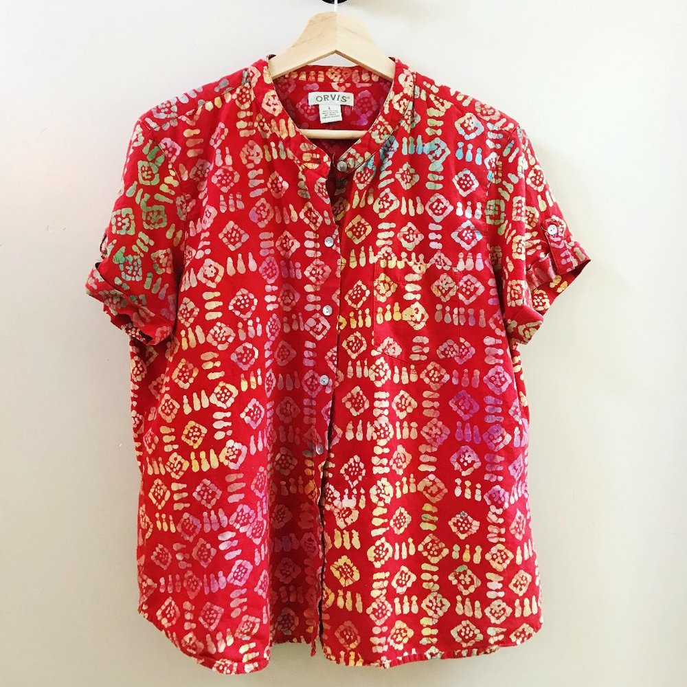 Orvis Red Patterned Collarless Button Up - image 1